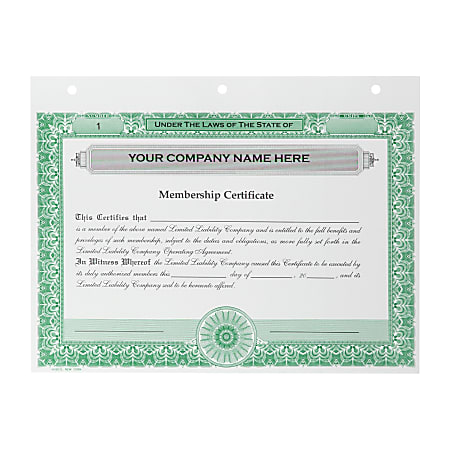 Custom LLC Membership Certificates, 3-Hole Punched, 8-1/2" x 11", Green, Pack Of 20 Certificates