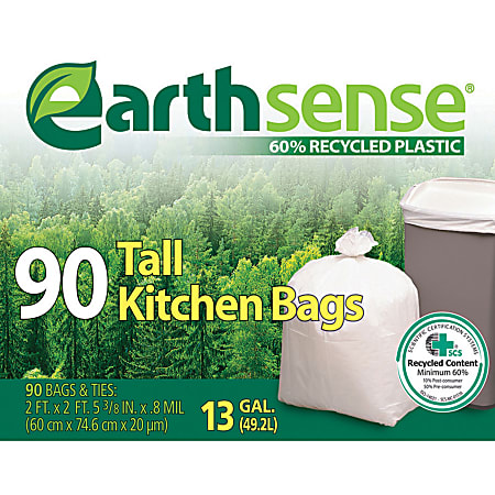 Webster EarthSense 60% Recycled Kitchen Bags, 13 Gallons, 0.8 Mil Thick, 23 1/2" x 29 3/4", Box Of 90