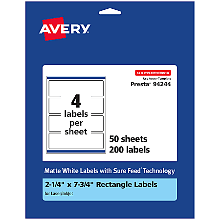 Avery® Permanent Labels With Sure Feed®, 94244-WMP50, Rectangle, 2-1/4" x 7-3/4", White, Pack Of 200