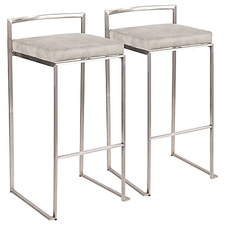 LumiSource Fuji Stacker Bar Stools, Antique Stainless Steel/Light Gray, Set Of 2 Stools