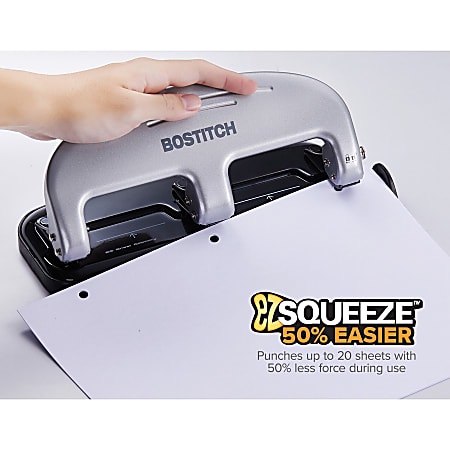 Bostitch EZ Squeeze Three Hole Punch 20 Sheet Capacity BlackSilver - Office  Depot