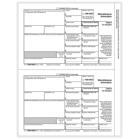 ComplyRight® 1099-MISC Tax Forms, Recipient Copy B, 2-Up, Laser, 8-1/2" x 11", Pack Of 50 Forms