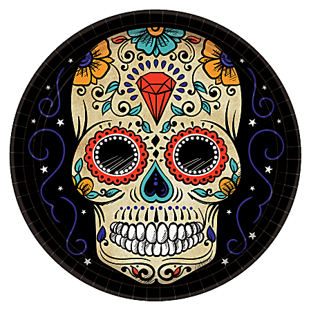 Amscan Paper Halloween Sugar Skull Plates, 10-1/2", 2 Per Pack, Case Of 18 Packs