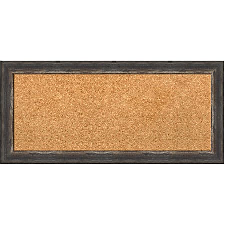 Amanti Art Rectangular Non-Magnetic Cork Bulletin Board, Natural, 33” x 15”, Bark Rustic Char Narrow Plastic Frame