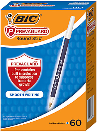 BIC® Prevaguard Round Stic Pens With Antimicrobial Additive, Medium Point, 1.0 mm, Blue Barrel, Blue Ink, Pack Of 60 Pens