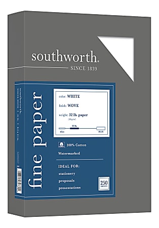 Southworth® 100% Cotton Business Paper, 8 1/2" x 11", 32 Lb, White, Box Of 250