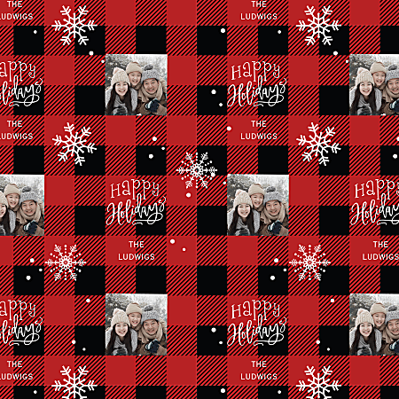 Custom Full-Color Gloss Finish Wrapping Paper, Standard Roll, 7' x 29-1/4", Christmas Holiday Red Plaid With Photos