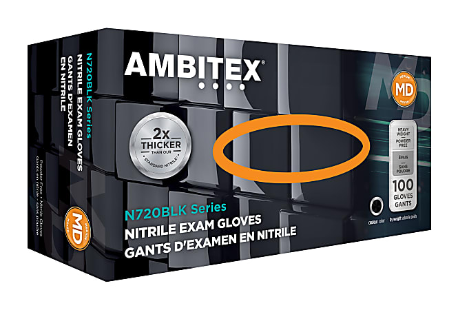 Ambitex® Disposable Powder-Free Nitrile Gloves, Exam, Medium, Black, Case Of 1,000