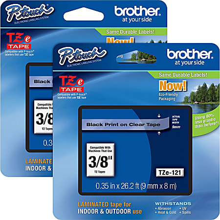 Brother® P-touch TZe Laminated Tape Cartridges, 3/8"W, Rectangle, Clear, 2 Per Bundle