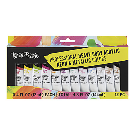 Brea Reese Professional Heavy-Body Acrylic Paint, 12 Neon & Metallic
