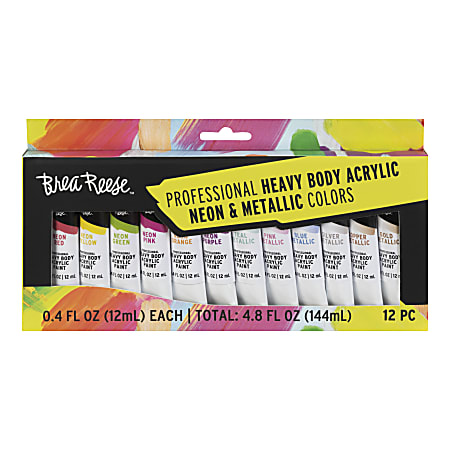 Brea Reese Professional Heavy-Body Acrylic Paint, Neon & Metallic, Pack Of 12
