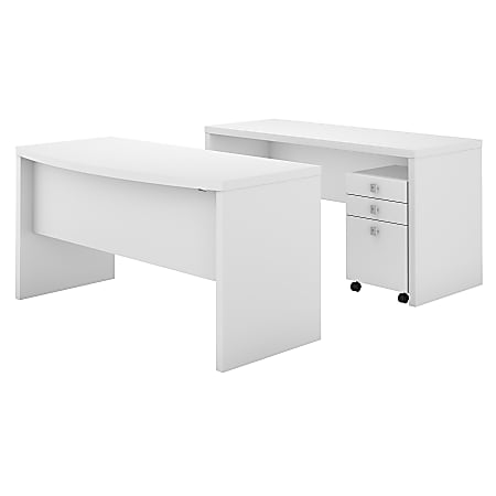 Bush Business Furniture Echo Bow-Front 60"W Computer Desk And Credenza With Mobile File Cabinet, Pure White, Standard Delivery