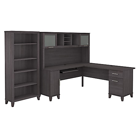 Bush Furniture Somerset 72"W L-Shaped Desk With Hutch And 5-Shelf Bookcase, Storm Gray, Standard Delivery