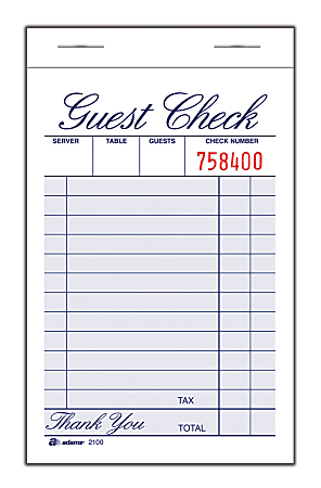 Adams® Guest Check Books, 1-Part, 3 3/8" x 5", 12 Pads Of 100 Sheets Each (1,200 Guest Checks Total)