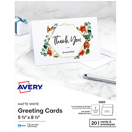 Avery® Printable Greeting Cards, Half-Fold, 5.5" x 8.5", Matte White, 20 Blank Cards With Envelopes