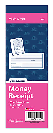 Adams™ Money Receipt Book, 2 3/4" x 7 15/16", 1 Part, White, 50 Receipts Per Book, Pack Of 5 Books