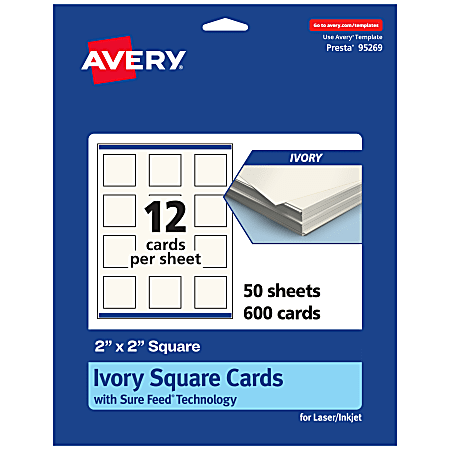Avery® Printable Business Cards With Sure Feed® Technology, 95269-MIC50, Square, 2" x 2", Matte Ivory, Pack Of 600