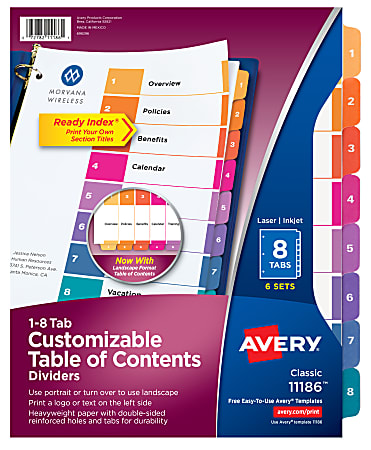 Avery® Ready Index® 1-8 Tab Binder Dividers With Customizable Table Of Contents, 8-1/2" x 11", 8 Tab, White/Multicolor, Pack Of 6 Sets