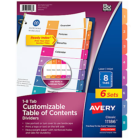 Avery® Ready Index® 1-8 Tab Binder Dividers With Customizable Table Of Contents, 8-1/2" x 11", 8 Tab, White/Multicolor, Pack Of 6 Sets