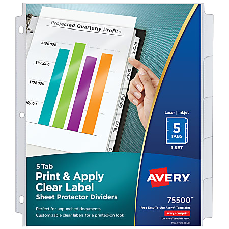 Avery® Sheet Protector Dividers For 3 Ring Binders With Easy Print, 8-1/2" x 11",  5 Tab, Clear With Customizable White Tabs, 1 Set - 75500