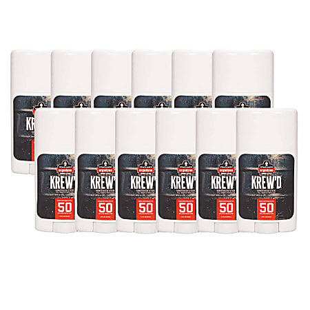Ergodyne KREW'D 6354 SPF 50 Sunscreen Sticks, 1.5 Oz, Case Of 12 Sticks With Display