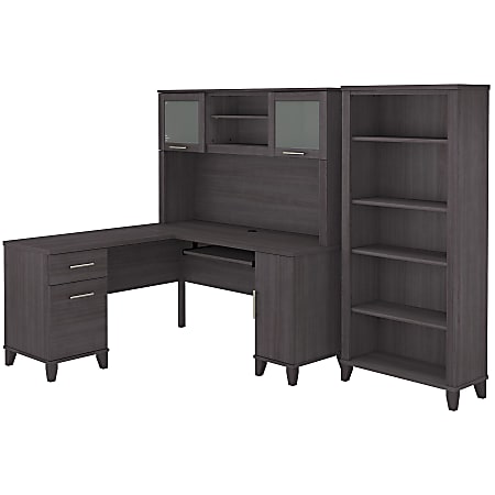 Bush Furniture Somerset 60"W L-Shaped Desk With Hutch And 5-Shelf Bookcase, Storm Gray, Standard Delivery