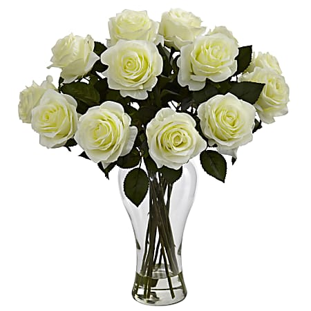 Nearly Natural 18"H Polyester Artificial Blooming Roses Bouquet with Vase, White