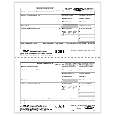 ComplyRight™ W-2 Tax Forms, 2-Up, Employee's Copies B & C Combined, Laser, 8-1/2" x 11", Pack Of 50 Forms