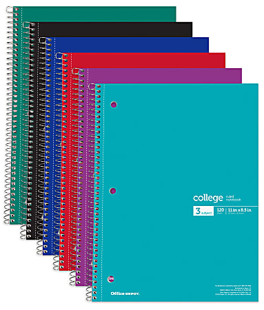 Office Depot® Wirebound Notebooks, 8-1/2" x 11", 3 Subjects, College Ruled, 120 Sheets, Assorted Colors, Pack Of 6 Notebooks