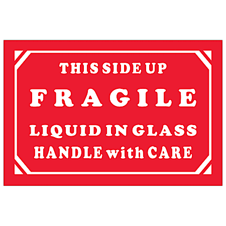 Tape Logic® Preprinted Labels, DL1068, Fragile — Liquid In Glass — Handle With Care, Rectangle, 2" x 3", Red/White, Roll Of 500