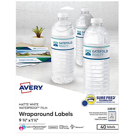 Avery® Durable Waterproof Wraparound Labels With Sure Feed® Technology, 22845, Rectangle, 1 1/4" x 9 3/4", White, Pack Of 40 Labels