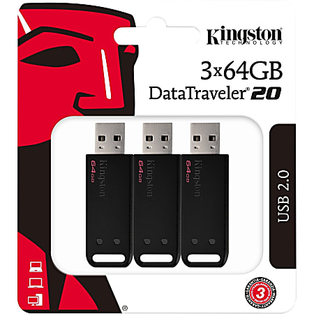 Kingston 64GB DataTraveler 20 DT20 USB 2.0 Type A Flash Drive - 64 GB - USB 2.0 Type A - Black - 3 Year Warranty - 3 Pack
