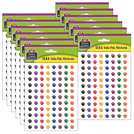 Teacher Created Resources® Mini Stickers, 3/8", Colorful Paw Prints, 1,144 Stickers Per Pack, Set Of 6 Packs