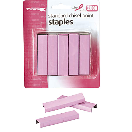 Officemate Breast Cancer Awareness Standard Staples, 1/4", 2,000 Per Card, Pink