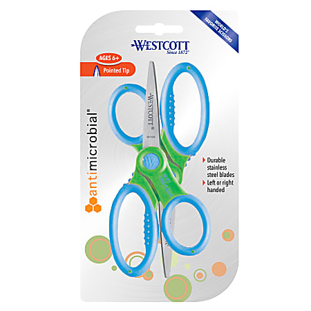 Westcott Kids' Scissors With Antimicrobial Protection, 5", Pointed, Assorted Colors, Pack Of 2 Pairs