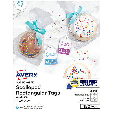 Avery® Print-To-The-Edge Tags With Strings, Scalloped, 2" x 1/14", White, Pack of 180