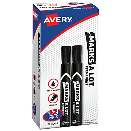 Avery® Marks A Lot® Permanent Markers, Chisel Tip, Large Desk-Style Size, Black, Pack Of 12
