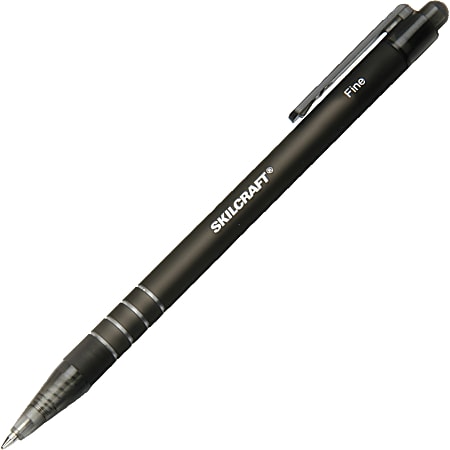 SKILCRAFT® AbilityOne Nonrefillable Rubberized Retractable Pens, Fine Point, Black Barrel, Black Ink, Pack Of 12 Pens