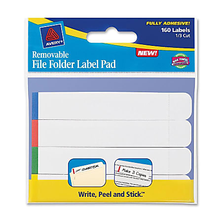 Avery® Removable Adhesive Label Pad, 22027, 1/3 Cut, Assorted Side Bar Colors, Pack Of 160 Labels