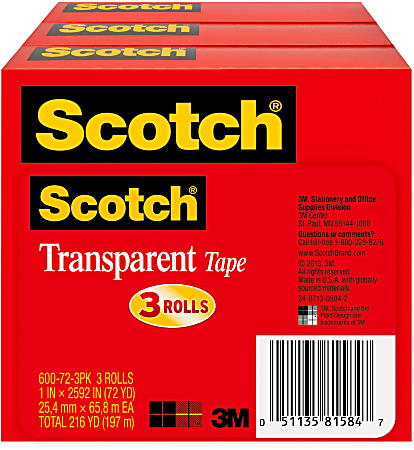 Scotch Transparent Tape, 1 in x 2592 in, 3 Tape Rolls, Clear, Home Office and School Supplies