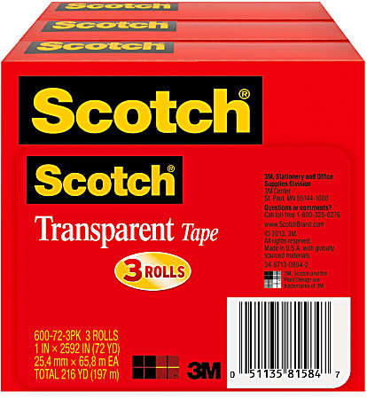 Scotch® Transparent Tape, 3 Tape Rolls, 1 in x 2592 in, Home Office Supplies and School Supplies for College and Classrooms