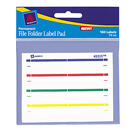 Avery® Color Permanent File Folder Label Pad, 45215, 1/3 Cut, Assorted Top Bar Colors, Pack Of 160