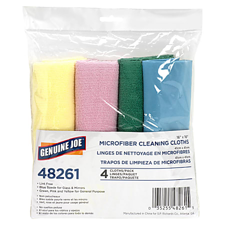 Genuine Joe Color-coded Microfiber Cleaning Cloths - 16" Width x 16" Length - Assorted - MicroFiber - 4/Pack - 36 / Carton