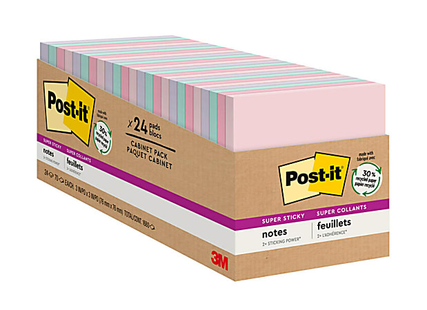 Post-it Recycled Super Sticky Notes, 3 in x 3 in, 24 Pads, 70 Sheets/Pad, 2x the Sticking Power, Wanderlust Pastels Collection, 30% Recycled