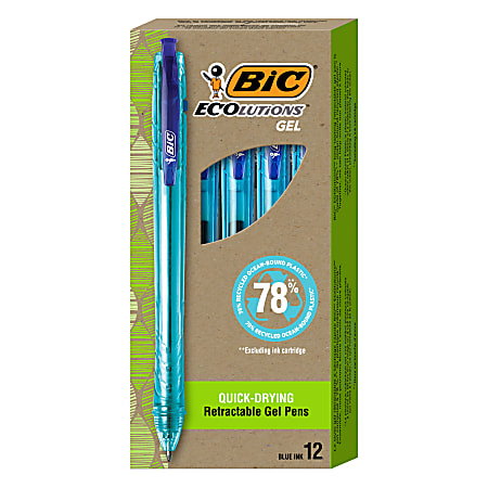 BIC® Ecolutions Ocean-Bound Retractable Gel Pens, Pack Of 12 Pens, Medium Point, 0.7 mm,  78% Recycled, Clear Barrel, Blue Ink