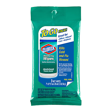 Clorox On The Go Bleach-Free Disinfecting Wipes - Ready-To-Use Wipe - Fresh Scent - 9 / Pack - 24 / Carton - White