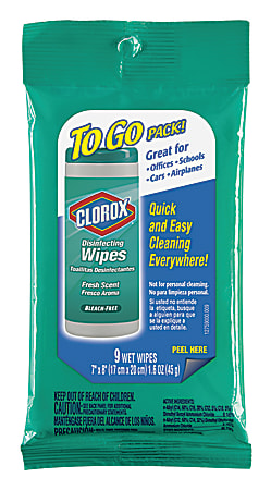 Clorox On The Go Bleach-Free Disinfecting Wipes - Ready-To-Use Wipe - Fresh Scent - 9 / Pack - 1 Each - White