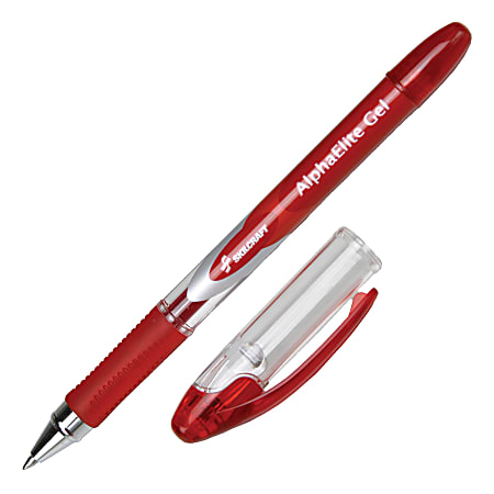 Alpha Elite Non-Retractable Gel Pens, Medium Point, Clear Barrel, Red Ink, Pack Of 12