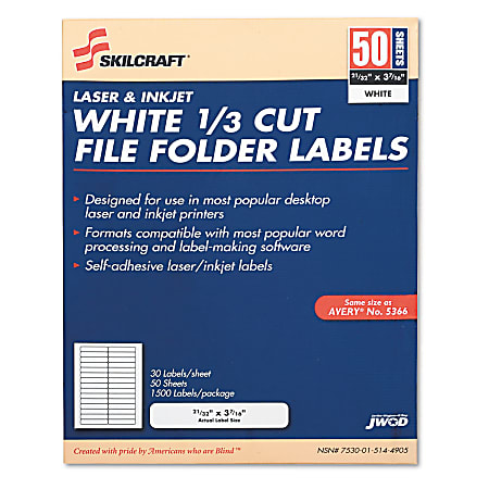 SKILCRAFT® 1/3 Cut White Permanent Inkjet/Laser File Folder Labels, Box Of  50 Sheets (AbilityOne 7530-01-514-4905)