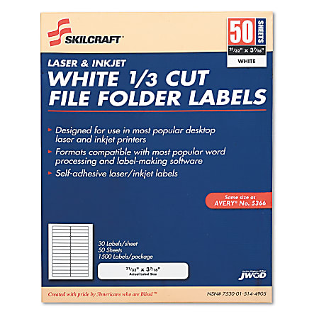 SKILCRAFT® 1/3 Cut White Permanent Inkjet/Laser File Folder Labels, Box Of 50 Sheets (AbilityOne 7530-01-514-4905)
